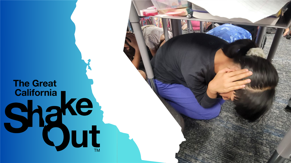  CVUSD female student ducking underneath her desk and covering her head during Great Shakeout